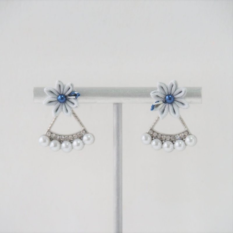 優雅百搭灰藍花水晶三用耳環耳夾 14kgf 925 客製 - 耳環/耳夾/耳骨夾 - 其他金屬 灰色