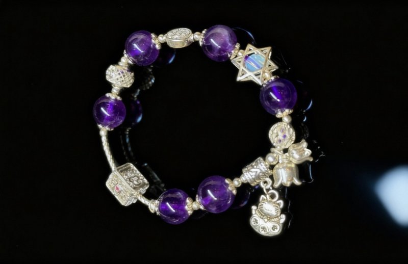 Crystal.EAA 設計款水晶手鏈 紫曜星喵祈福 紫水晶 蛋白石 藏銀 - 手鍊/手環 - 水晶 紫色