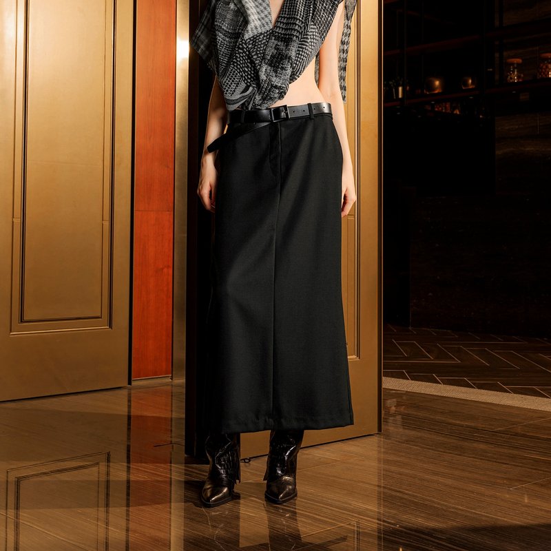 後開衩直筒雙口袋長裙 - 裙子/長裙 - 其他人造纖維 黑色