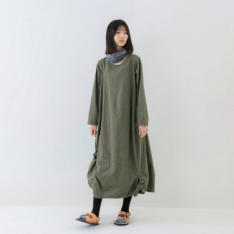 流形斜剪綁結長洋裝 - 洋裝/連身裙 - 棉.麻 綠色