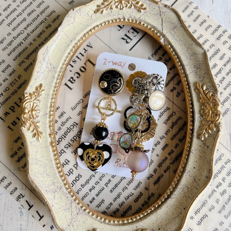 wow handmade 2-way星夜戀歌復古鈕扣耳環・日常與復古的交會 - 耳環/耳夾/耳骨夾 - 其他材質