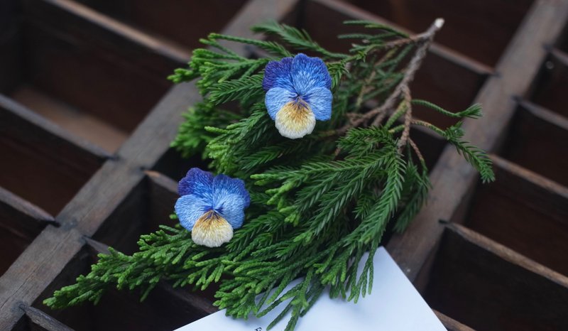 Blue pansy handmade embroidery earrings