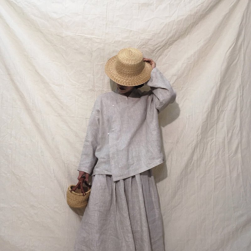 客製 法國亞麻 中式長袖斜襟短衫 原麻色 - 女上衣/長袖上衣 - 棉.麻