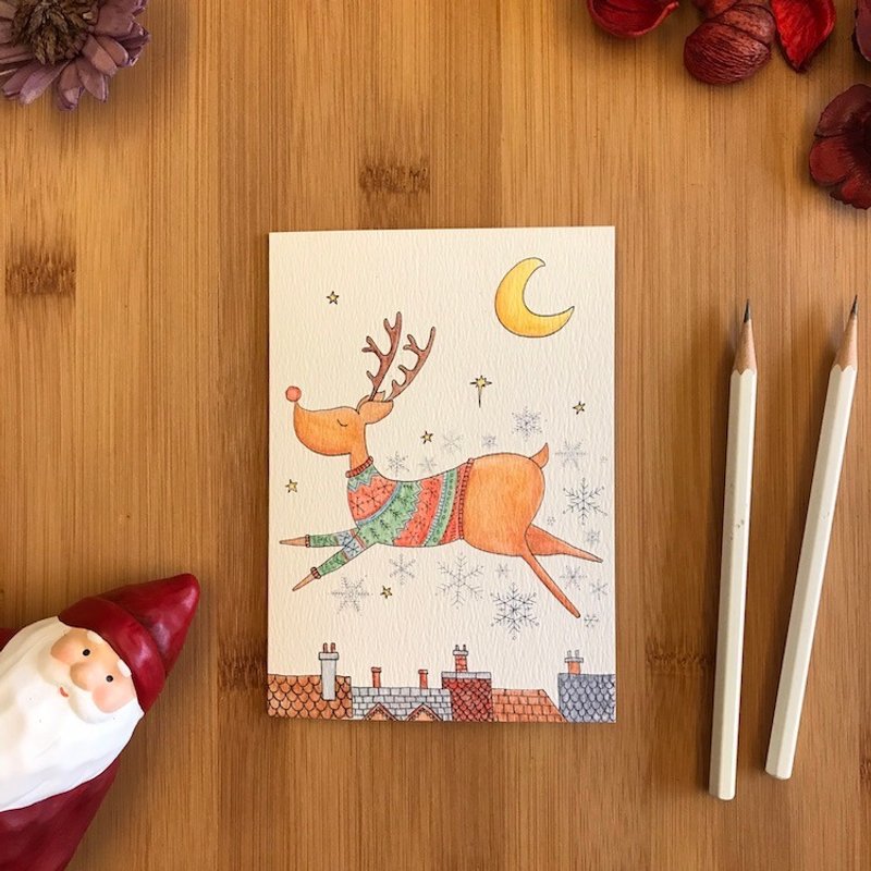 FLYING REINDEER 聖誕卡 手繪插畫 環保紙材 英國進口卡片 C109