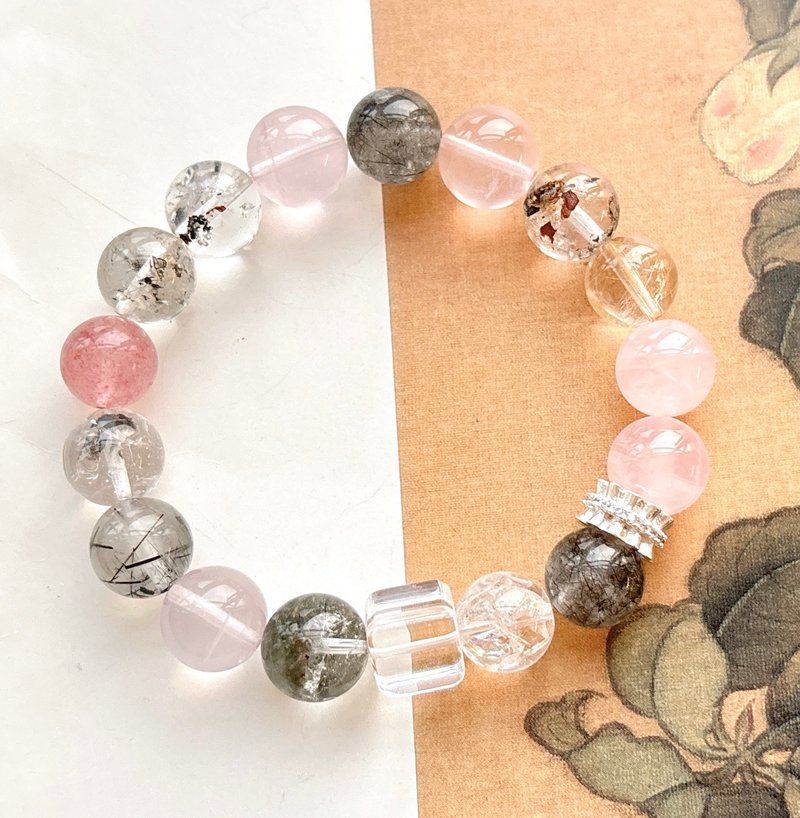 天然粉晶 白阿塞 草莓晶 發晶 黑閃靈鑽  黑髮晶 綠幽靈 白水晶 - 手鍊/手環 - 水晶