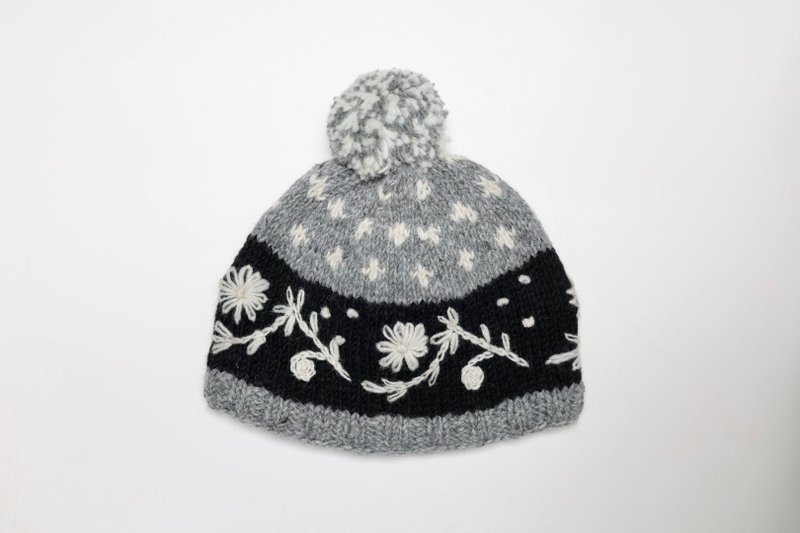 黑灰藤蔓小花純羊毛線手工編織全襯防風毛帽|交換禮物|聖誕節禮物 - 帽子 - 羊毛 灰色