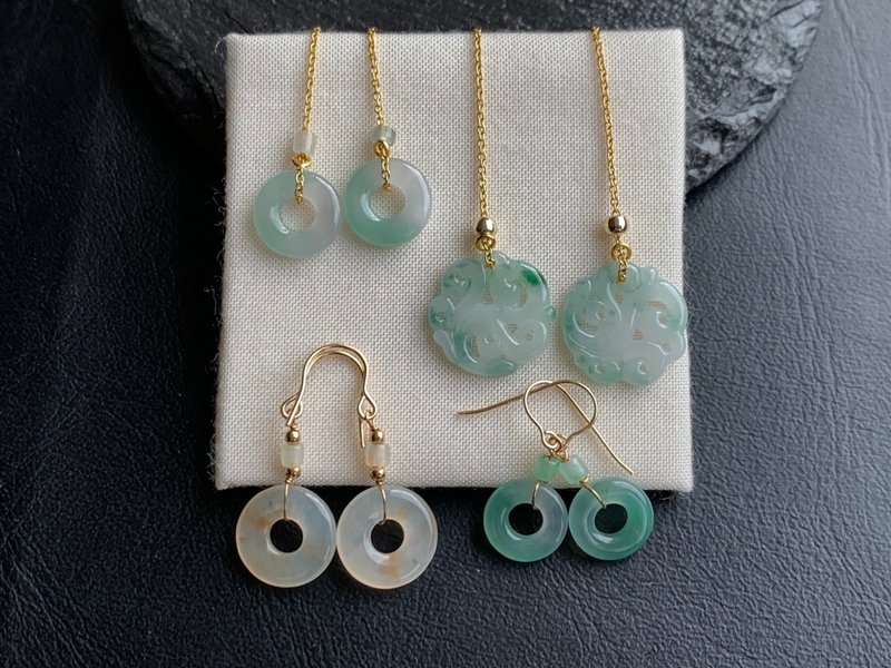 天然緬甸玉翡翠耳環 美國14K包金耳線 14KGF 平安扣甜甜圈 - 耳環/耳夾/耳骨夾 - 玉石 多色