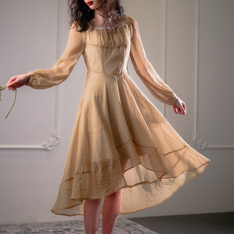 限量販售 秋季薄紗仙氣不規則設計 方領長袖高腰顯瘦連衣洋裝 - 洋裝/連身裙 - 聚酯纖維 橘色