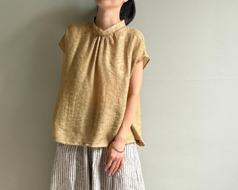 流金歲月/金黃色高級純棉提花半高領/高立領法式袖短袖上衣 - 背心/無袖上衣 - 棉.麻 金色