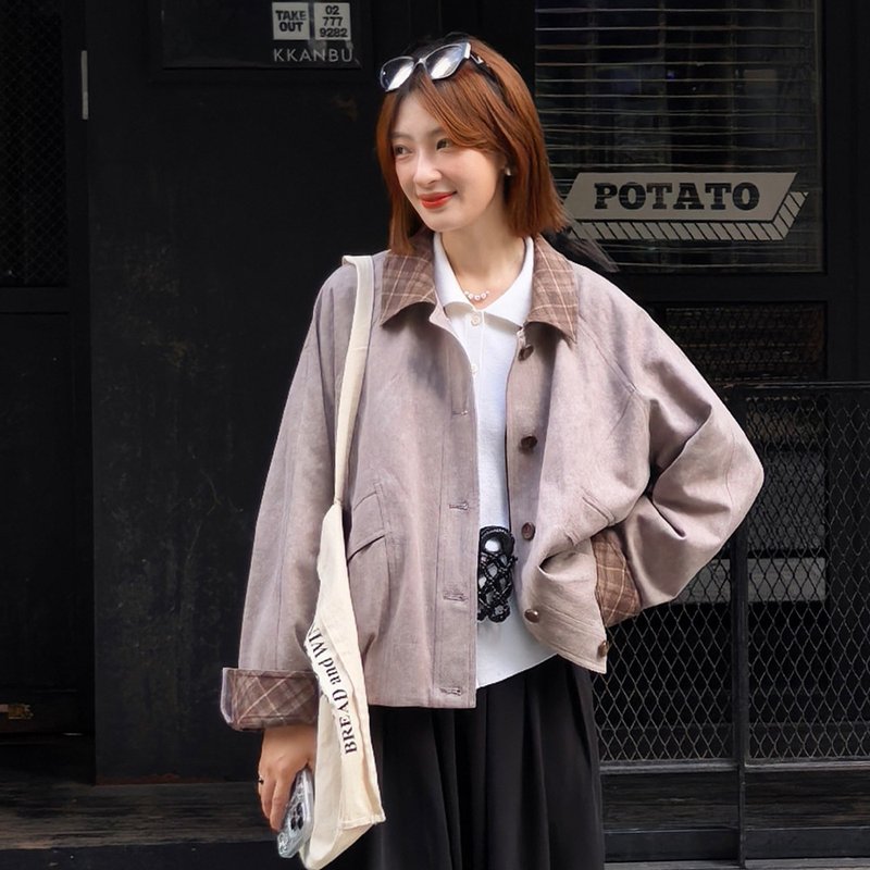 格紋撞色領外套|外套|兩色|秋款|Sora-1914 - 女大衣/外套 - 棉.麻 多色