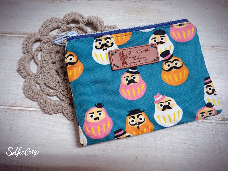 招福不倒翁雙拉鍊零錢包 卡片包 收納包 - 零錢包/小錢包 - 棉.麻 多色