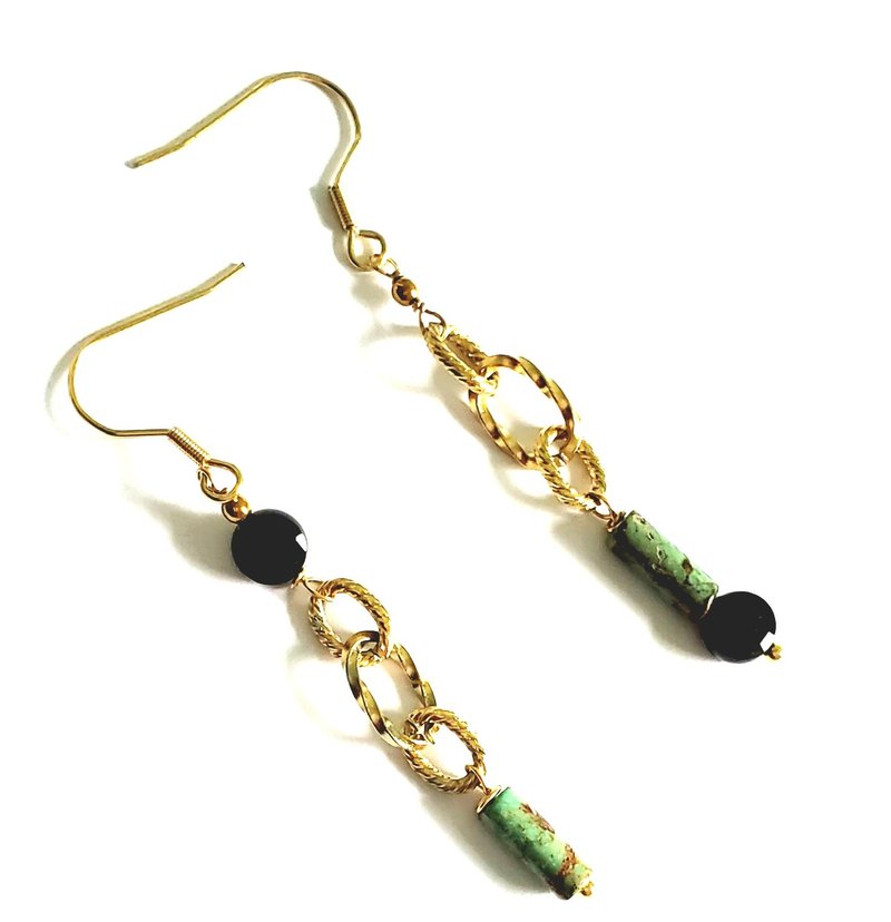 天然黑色碧壐綠松石吊款耳環 - 耳環/耳夾/耳骨夾 - 寶石