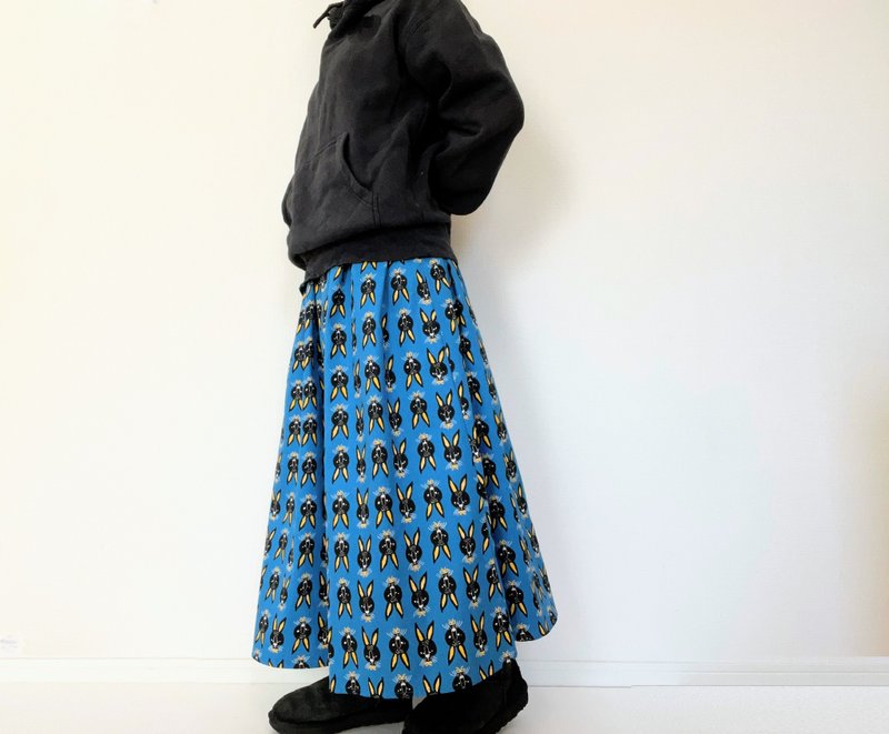 俏皮兔子印花長裙 | 及踝長度 | 日本製造100%棉 | 帶口袋 |藍色 - 裙子/長裙 - 棉.麻 藍色