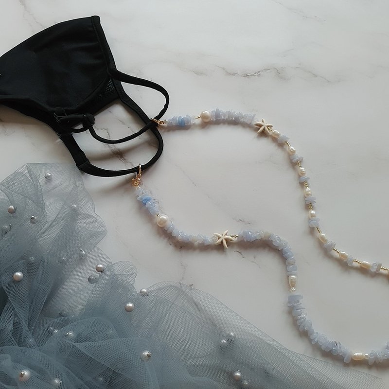 Blue Lace Agate Mask & Sunglasses Chain with Freshwater Pearl - 項鍊 - 寶石 藍色