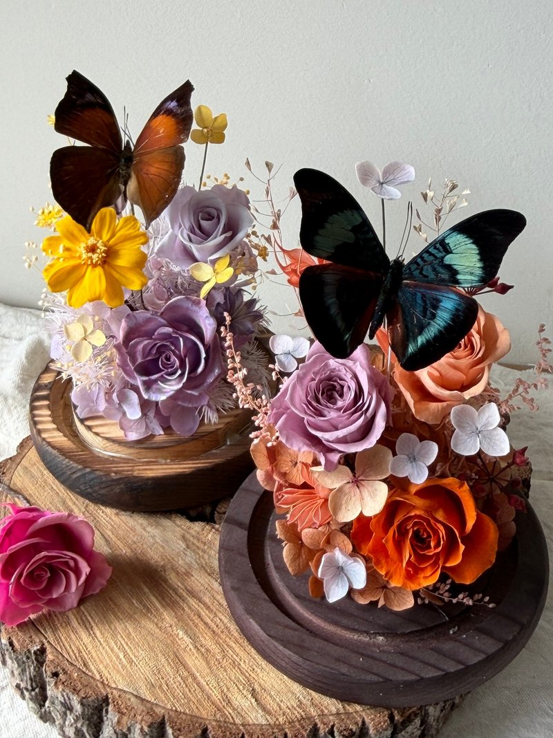 秋色永生玫瑰 蝴蝶玻璃盅 -榮退禮/情人節/訂婚/紀念/入厝/生日 - 乾燥花/永生花 - 植物.花 紫色