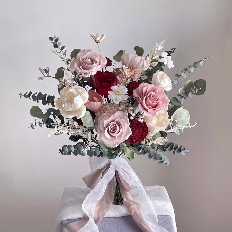 【不凋花乾燥花】莫蘭迪粉酒紅色不凋玫瑰自然風美式捧花 - 其他 - 植物.花 粉紅色