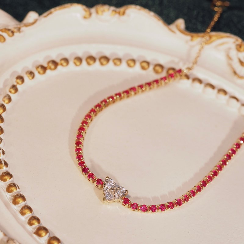 18K金鑽石心形紅寶石手鏈18K Gold Diamond Heart Ruby Band brac - 項鍊 - 貴金屬