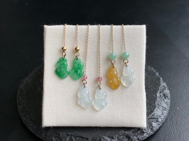 天然緬甸玉翡翠 金魚 耳線耳環 冰種翡翠 滿綠 黃翡 美國14K金包 - 耳環/耳夾/耳骨夾 - 玉石 多色