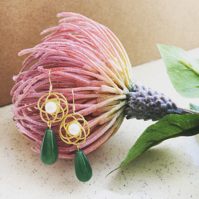 Gold-Tone Floral Roundel Freshwater Pearl Earring with an Aventurine Teardrop