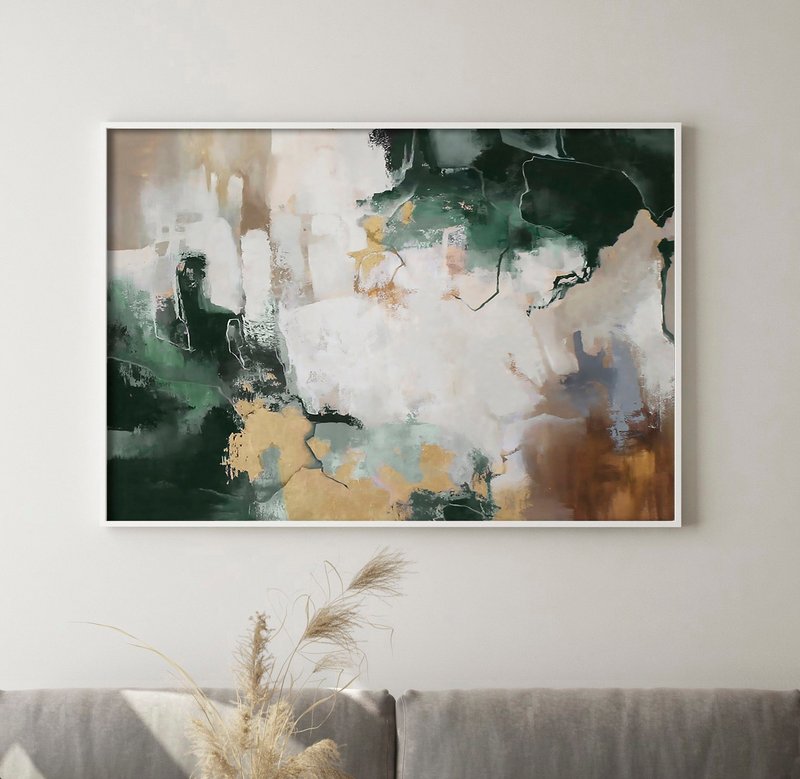 Green abstract painting on canvas | Abstract green gold large art | Green Flash - 壁貼/牆壁裝飾 - 棉.麻 綠色