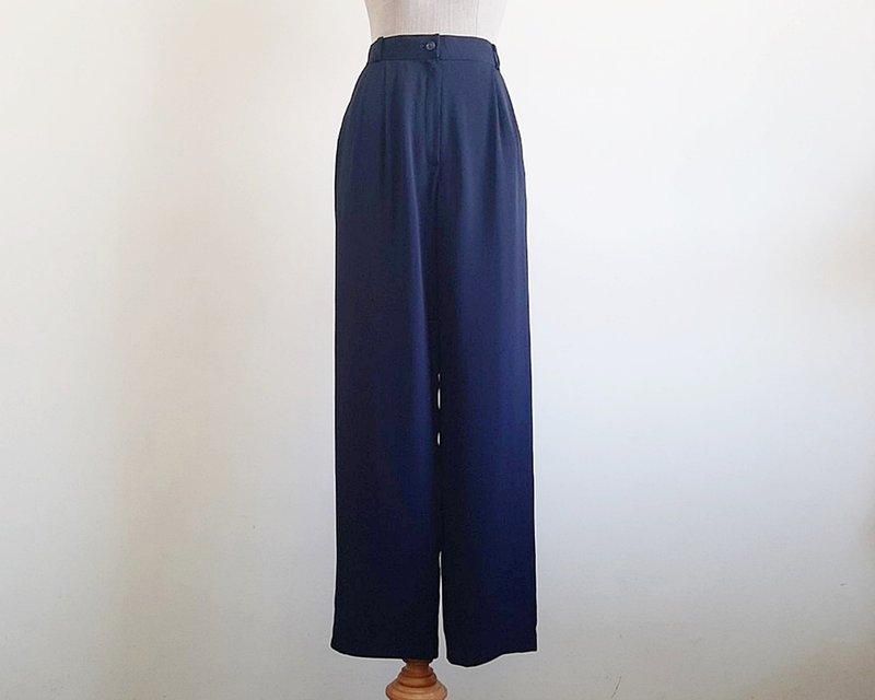 XS Small Vintage Navy Blue Pleated Pants Womens High Waisted Polyester Trousers - 男長褲/休閒褲 - 聚酯纖維 藍色