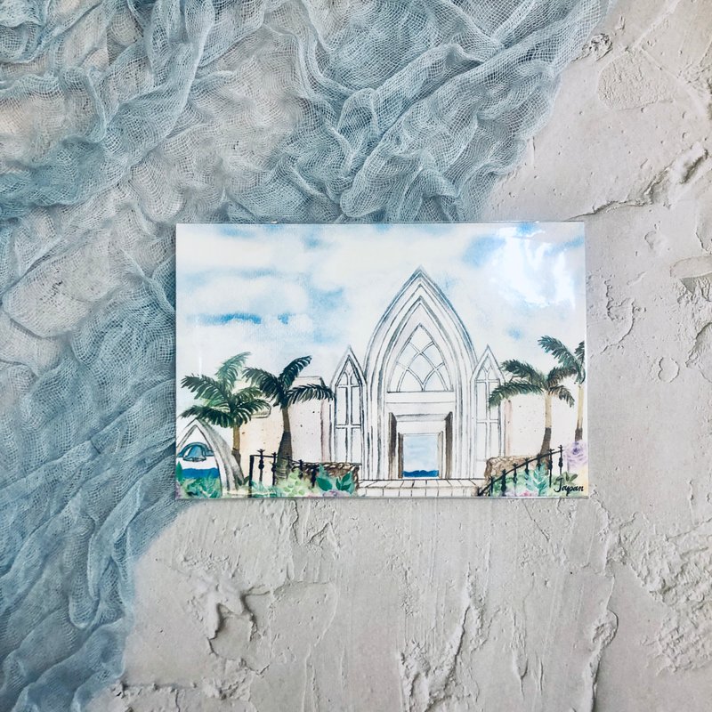 Hand painted watercolor japanese church landscape postcard