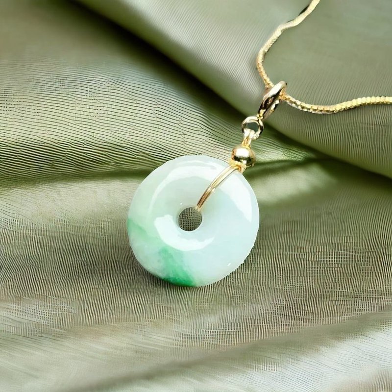 飄綠花翡翠平安扣14K包金項鍊 | 天然緬甸玉翡翠A貨 | 送禮 - 項鍊 - 玉石 綠色