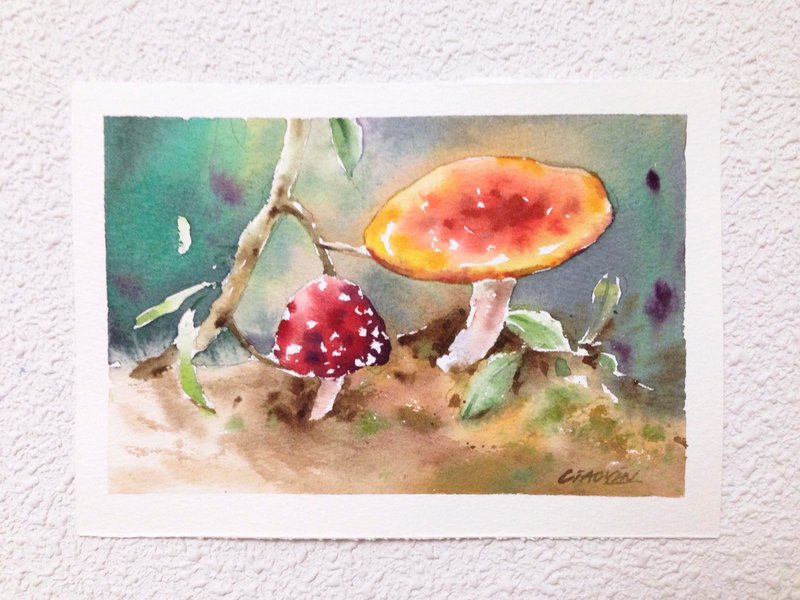 Watercolor forest magic mushroom hand drawn original 2