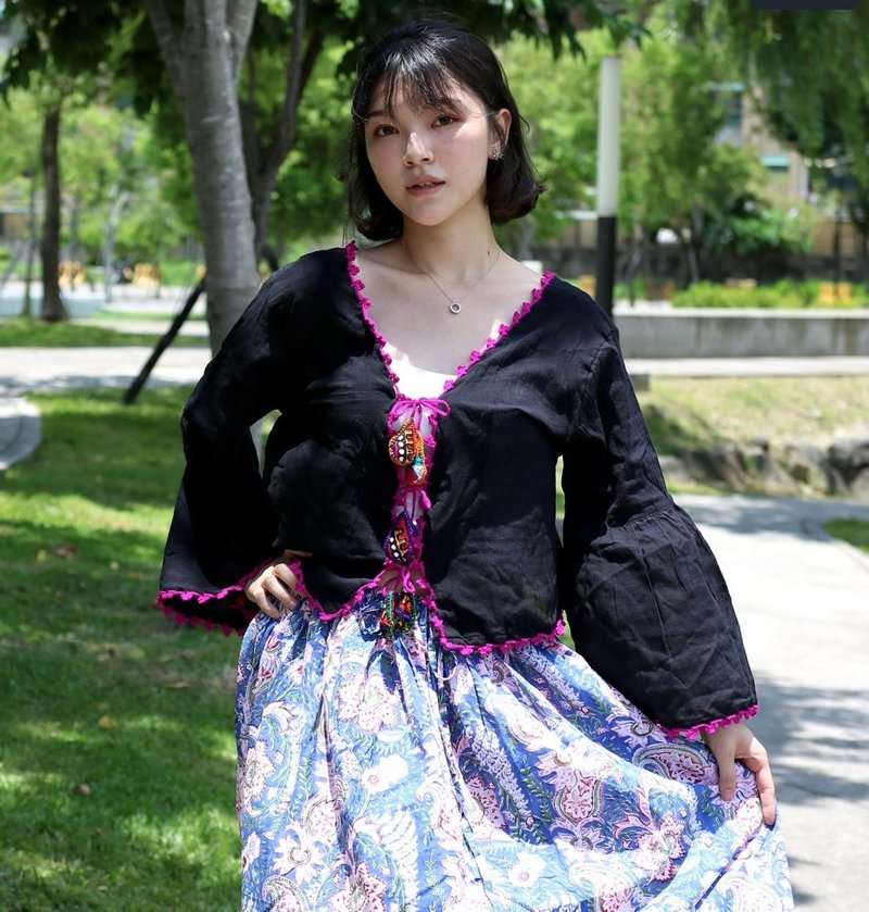 泰國丨輕民族-刺繡上衣 - 女上衣/長袖上衣 - 棉.麻 黑色