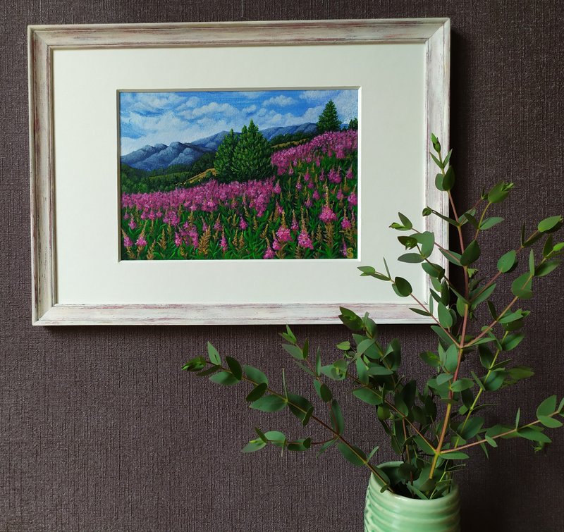 盛開的阿爾泰山。一片生氣勃勃的紫色柳蘭田。獨一無二的藝術品 - 壁貼/牆壁裝飾 - 壓克力 多色