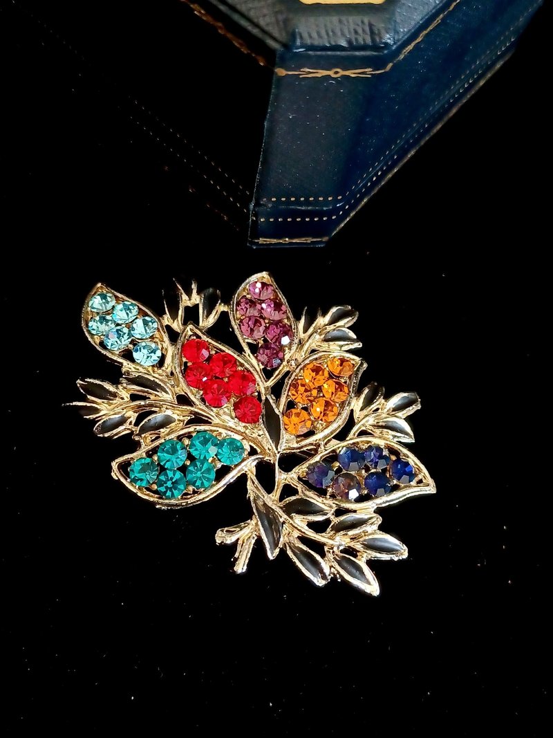 vintage jewelry 典雅彩色滿綴萊茵 花卉 別針 - 胸針 - 其他金屬