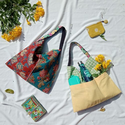 Double sided red and green flower hand printed Indian cotton shoulder bag
