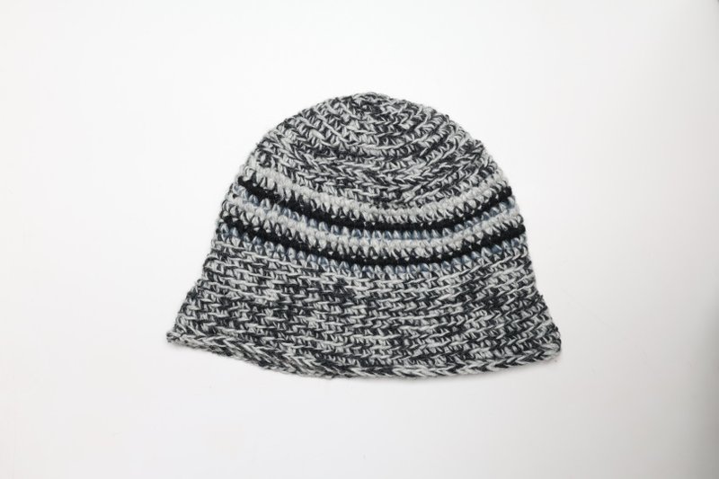 黑灰雜線條紋漁夫帽純羊毛線手工編織全襯防風毛帽|聖誕交換禮物 - 帽子 - 羊毛 灰色