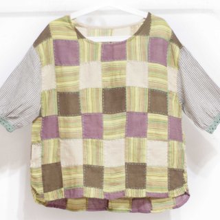 Embroidered tops/spliced puff sleeve tops/crocheted wide tops/ethnic tops-checkered rainbow