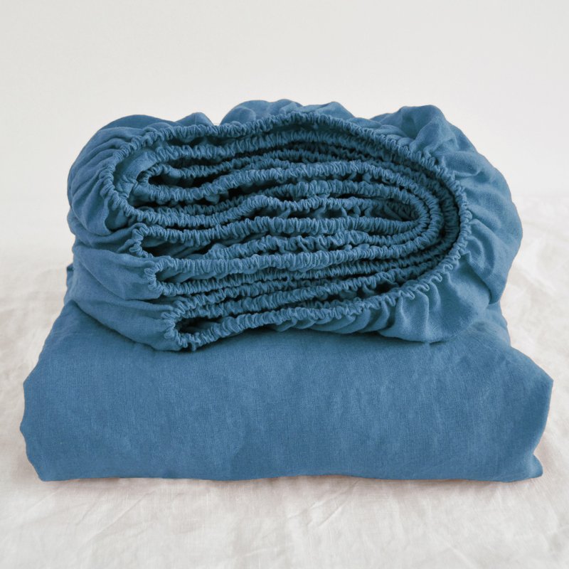 Denim blue linen fitted sheet / Softened linen bed sheet / Deep pocket - 寢具/床包 - 亞麻 藍色