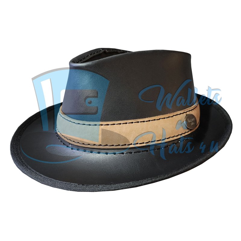 Handcrafted Black Leather Fedora Hat - 帽子 - 真皮 黑色