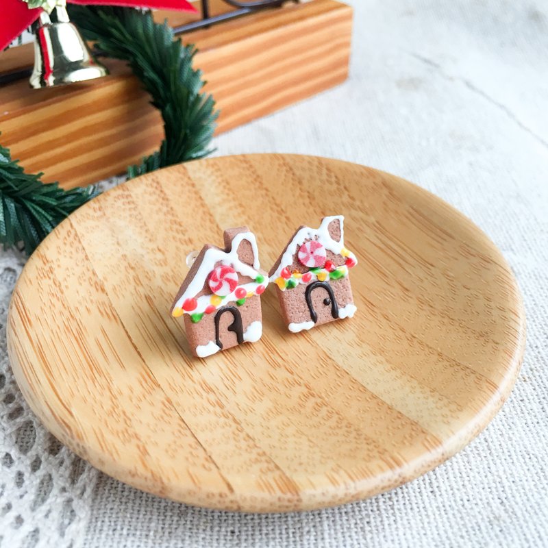 迷你薑餅屋 耳環 聖誕節 交換禮物 平貼 單支 - 耳環/耳夾/耳骨夾 - 黏土 紅色
