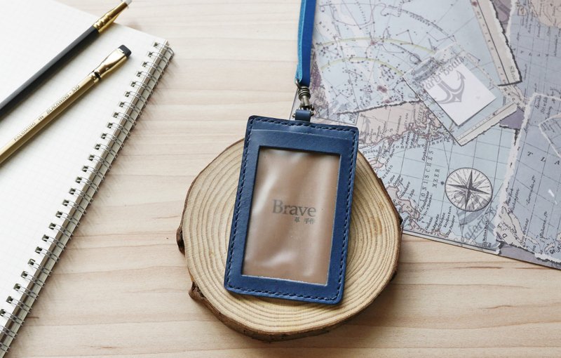 歐洲牛皮證件套 識別證 靛藍黑 直/橫式 附掛繩 免費刻字包裝 - 證件套/識別證套 - 真皮 藍色