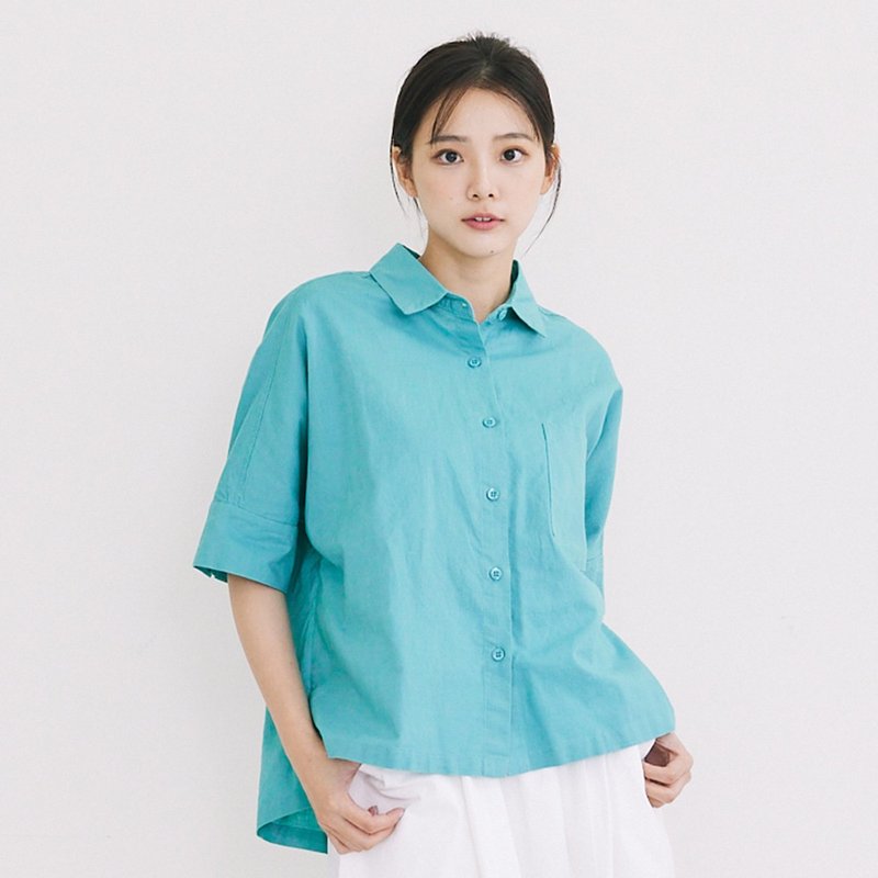 棉麻修身襯衫 藍綠F - 女上衣/長袖上衣 - 棉.麻 藍色