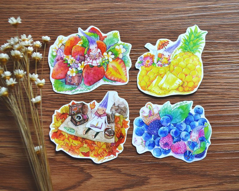 【水彩插畫水果貼紙】草莓・鳳梨・藍莓・野餐 (4張套裝)