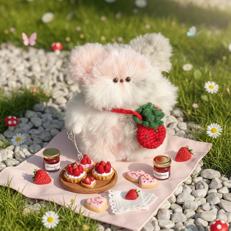 Strawberry-Loving Pink Gray Cat Doll Crochet Keychain ( + Hat, Bag, Bandana ) - 鑰匙圈/鑰匙包 - 其他材質 粉紅色