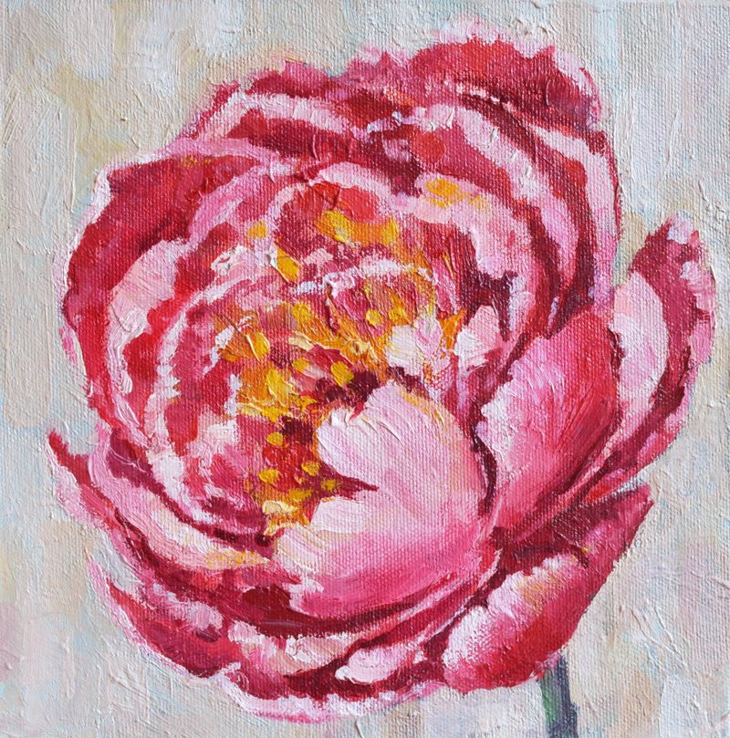 牡丹原創油畫 20x20cm  帆佈板 現代藝術 - 插畫/繪畫/寫字 - 其他材質 粉紅色