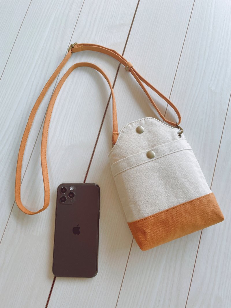 倉敷帆布 キャメル バイカラー スマホポシェット スマホショルダー スマホポーチ  キナリ×キャメル - 側背包/斜背包 - 棉.麻 橘色
