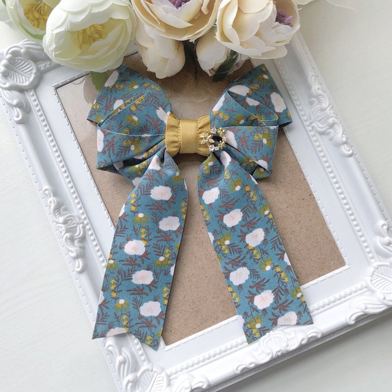 兒童小孩大款長尾蝴蝶結-藍綠花園 - 髮夾/髮圈 - 其他材質 綠色