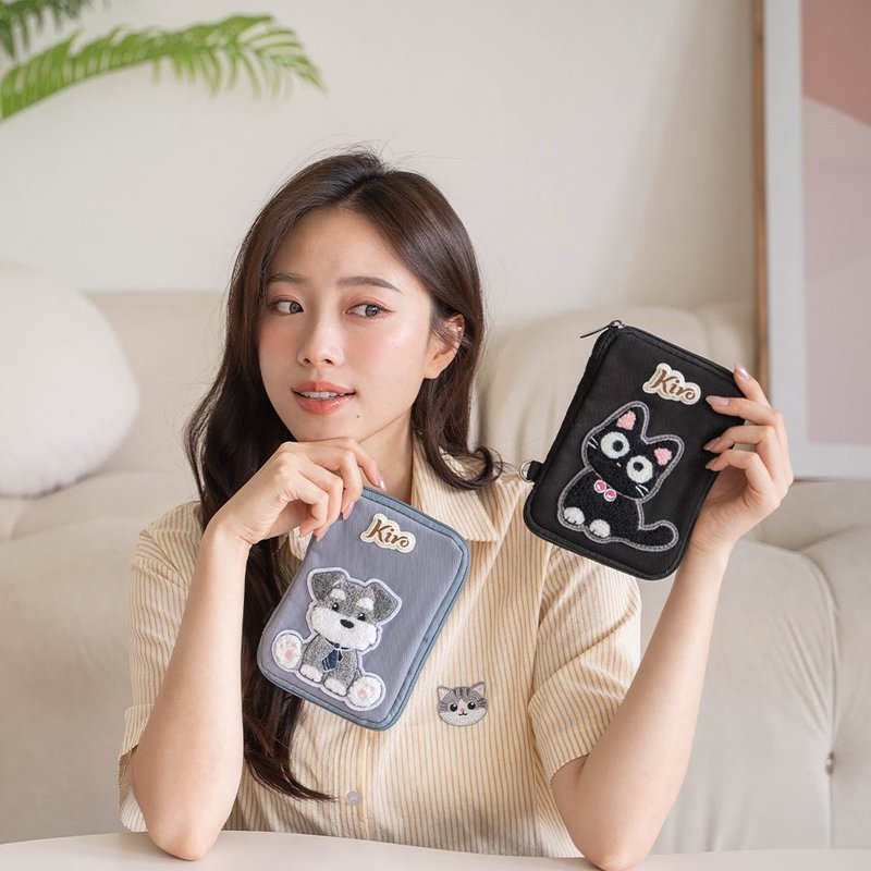 多功能收納小包 小黑貓 雪納瑞 毛巾繡 短夾【300032】 - 化妝包/收納袋 - 棉.麻 藍色