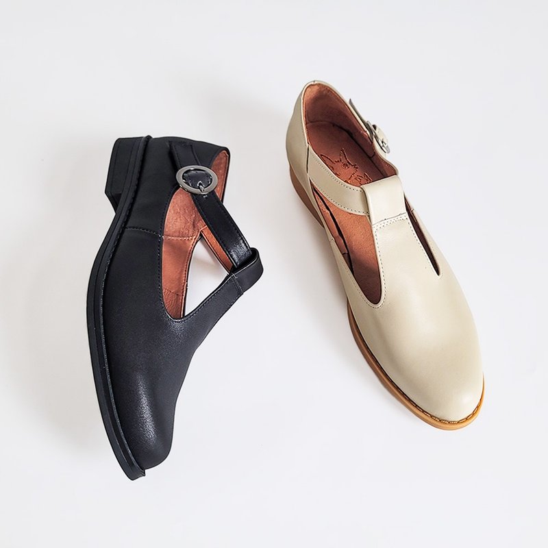 (寬楦) 真皮T字瑪莉珍鞋 女鞋皮鞋 - 淺卡其 黑色 - 瑪莉珍鞋 - 真皮 卡其色