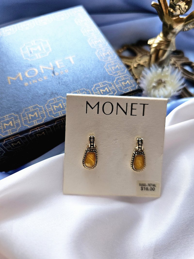 MONET鉚釘邊吊墜人造礦石針式耳環/Vintage美國西洋古董飾品 - 耳環/耳夾/耳骨夾 - 其他金屬
