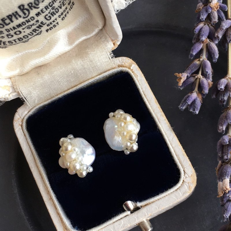 14kgf Collage of Freshwater Keshi Pearl and Vintage Pearl Earrings OR Brass Painless Ear Clip