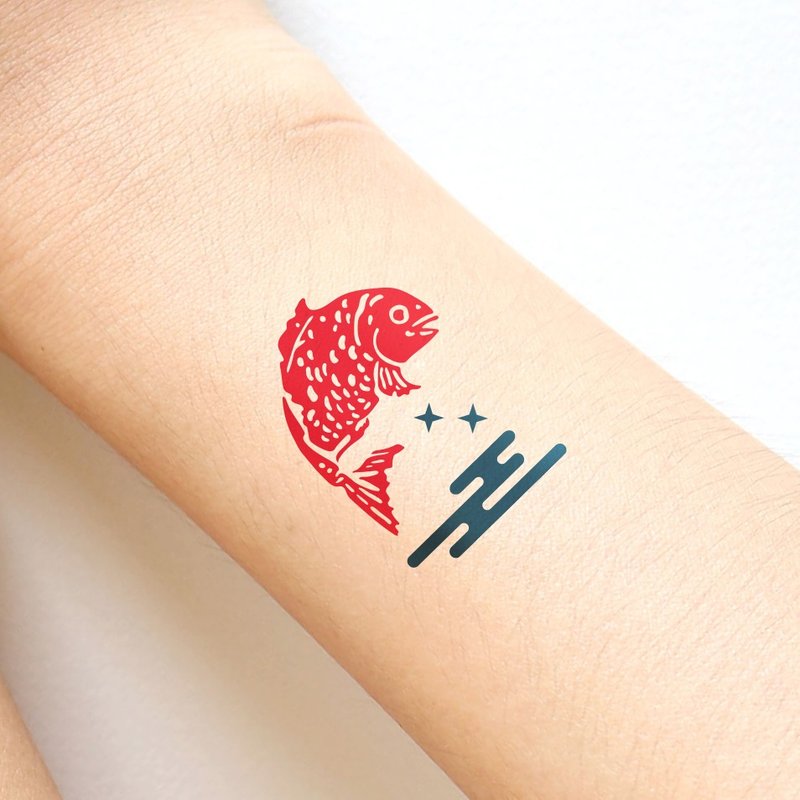 Red fish in the ocean in Japanese style sticker tattoo.