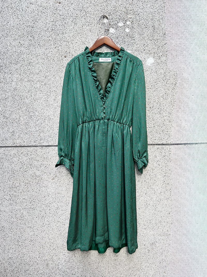 正綠色彩星碎點亮面滑布 花朵領雪紡紗洋裝連衣裙vintage dress - 洋裝/連身裙 - 聚酯纖維 綠色